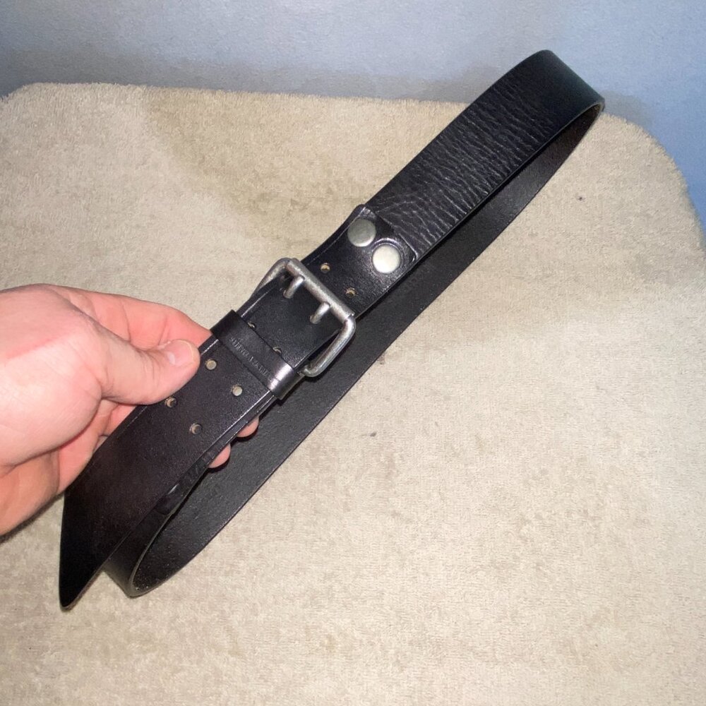 Zelli Genuine Leather Belt Black Textured Strap Silver Buckle Mens 36 Luxury